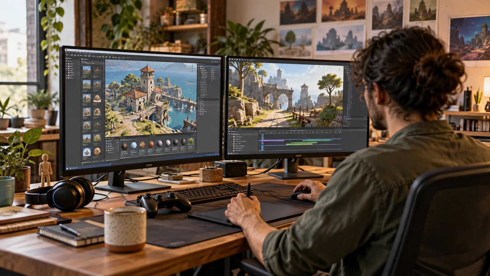 Ilustração temática de desenvolvimento de jogos, com profissional diante de monitores exibindo um cenário 3D e ferramentas de edição.