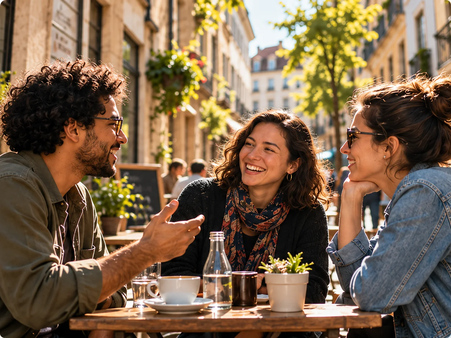Três pessoas conversando à mesa de um café em uma rua no exterior